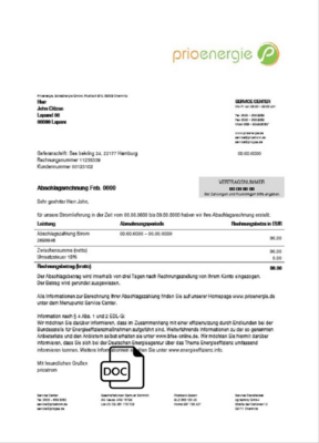 Germany Prioenergie proof of address utility bill template in Word and PDF format