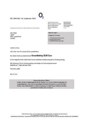 Germany RECHNUNG O2 utility bill template in Word and PDF format