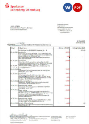 Germany Sparkasse Miltenburg-Obernburg bank statement Word and PDF template