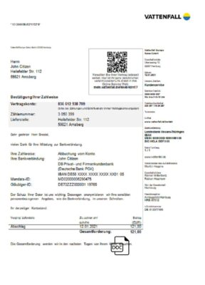 Germany VATTENFALL utility bill template in Word and PDF format (in German language)