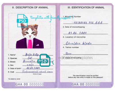 Ghana cat (animal, pet) passport PSD template, completely editable