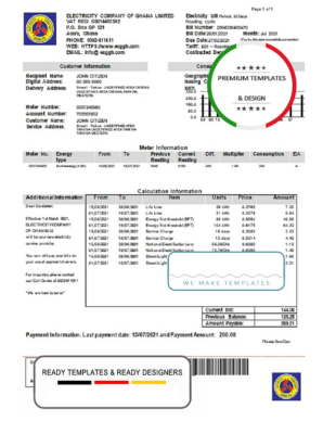 Ghana Electricity Company of Ghana utility bill template in Word and PDF format