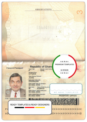 Ghana passport template in PSD format, fully editable, with all fonts