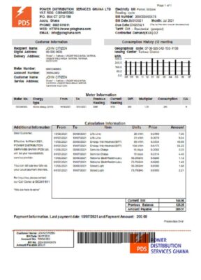 Ghana PDS electricity utility bill template in Word and PDF format