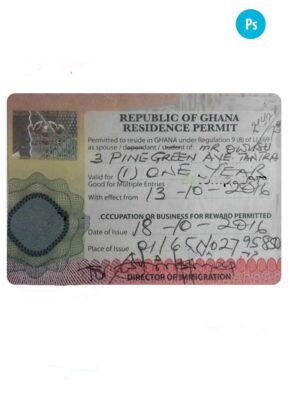 Ghana residence permit card PSD template, with fonts