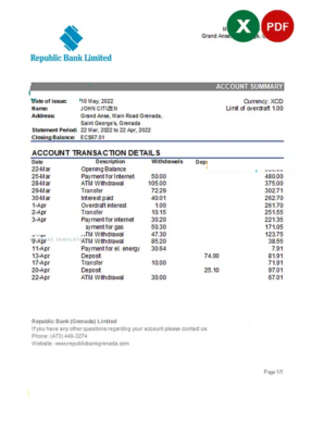 Grenada CIBC bank statement Excel and PDF template