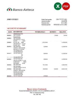 Guatemala Azteca bank statement Excel and PDF template