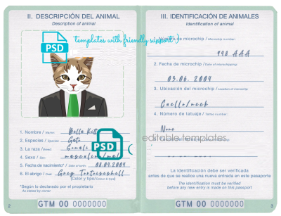 Guatemala cat (animal, pet) passport PSD template, completely editable