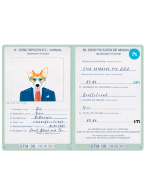 Guatemala﻿ dog (animal, pet) passport PSD template, completely editable