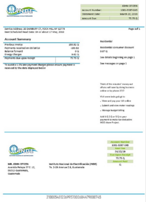 Guatemala INDE Instituto Nacional de Electrificación electricity utility bill template in Word and PDF format