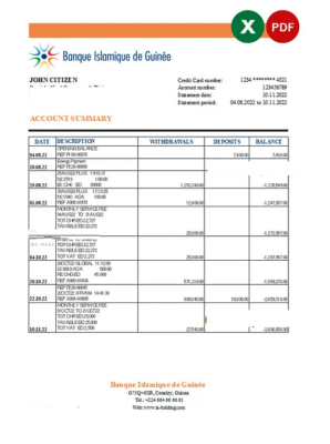 Guinea Banque Islamique de Guinée bank statement Excel and PDF template