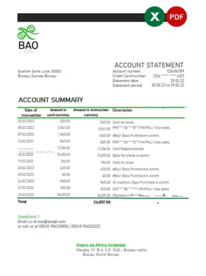 Guinea-Bissau Banco da Africa Ocidental bank statement Excel and PDF template