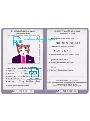 Guinea-Bissau cat (animal, pet) passport PSD template, completely editable