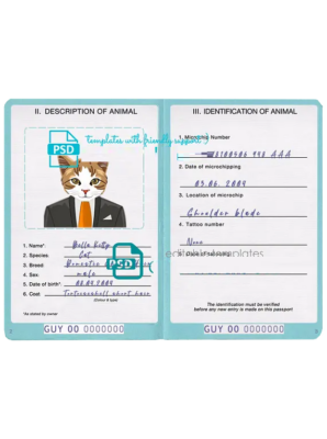 Guinea-Bissau cat (animal, pet) passport PSD template, completely editable