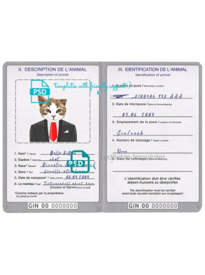 Guinea cat (animal, pet) passport PSD template, fully editable