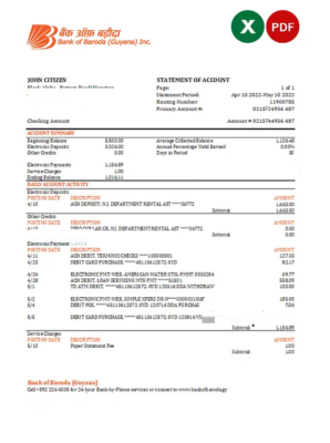 Guyana Bank of Baroda bank statement Excel and PDF template