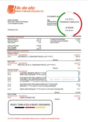 Guyana Bank of Baroda bank statement template in Word and PDF format