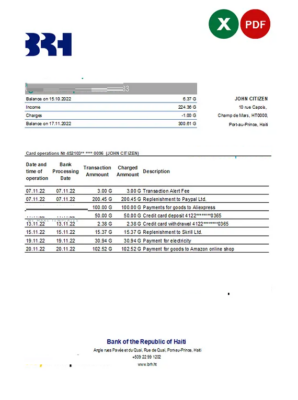 Haiti BRH bank statement Excel and PDF template