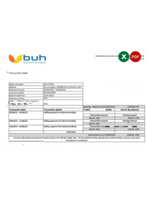 Haiti BUH bank statement Excel and PDF template