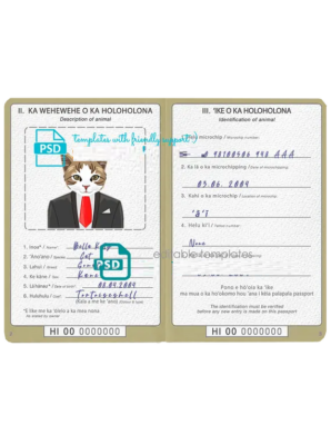 Hawaii cat (animal, pet) passport PSD template, completely editable