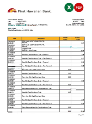 Hawaii First Hawaiian Bank statement Excel and PDF template