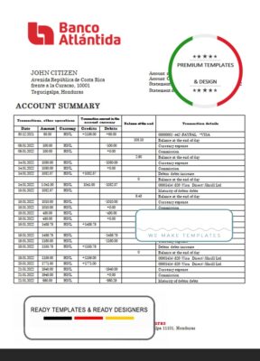 Honduras Banco Atlantida Bank statement template in Word and PDF format