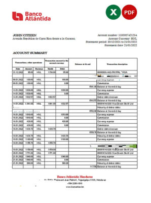 Honduras Banco Atlantida statement Excel and PDF template