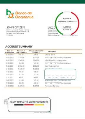 Honduras Banco de Occidente Bank statement template in Word and PDF format