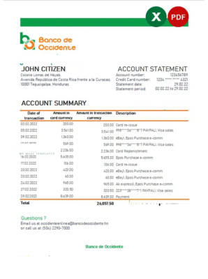 Honduras Banco de Occidente statement Excel and PDF template