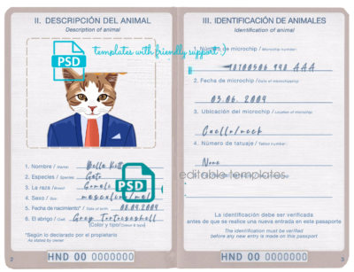 Honduras cat (animal, pet) passport PSD template, fully editable