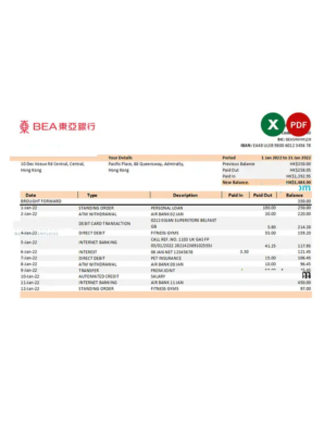 Hong Kong BEA bank statement Excel and PDF template