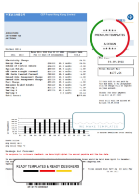 Hong Kong CLP Power Hong Kong Limited utility bill template in Word and PDF format