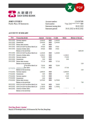 Hong Kong DAH Sing bank statement Excel and PDF template