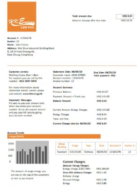 Hong Kong Energy Ltd utility bill template in Word and PDF format