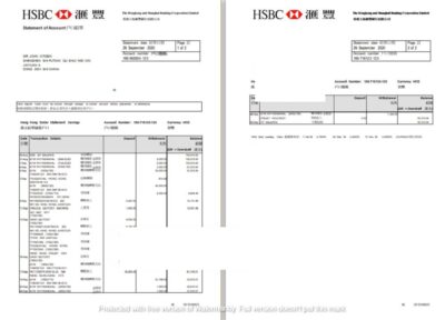 Hong Kong HSBC The Hongkong and Shanghai Banking Corporation bank statement template in Word and PDF format (2 pages)