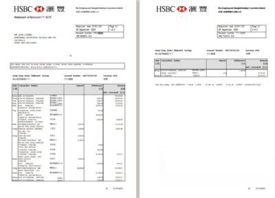 Hong Kong HSBC The Hongkong and Shanghai Banking Corporation bank statement template in Excel and PDF format (2 pages)