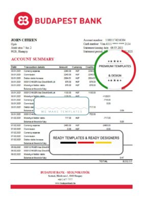 Hungary Budapest Bank – Szolnoki Fiók bank statement easy to fill template in .xls and .pdf file format