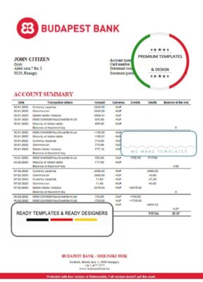 Hungary Budapest Bank – Szolnoki Fiók bank statement template in Word and PDF format