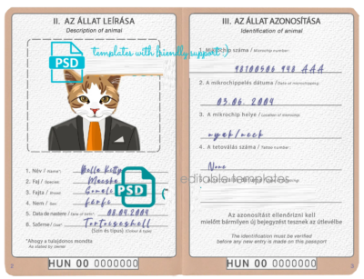 Hungary cat (animal, pet) passport PSD template, fully editable