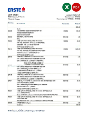 Hungary Erste bank statement Excel and PDF template