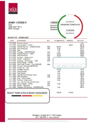 Hungary MKB Bank statement template in Word and PDF format