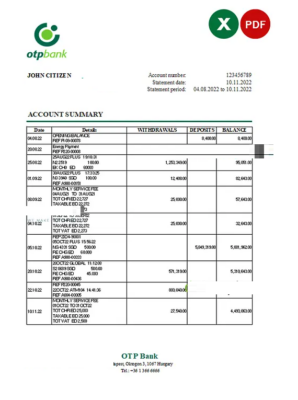 Hungary OTP bank statement Excel and PDF template