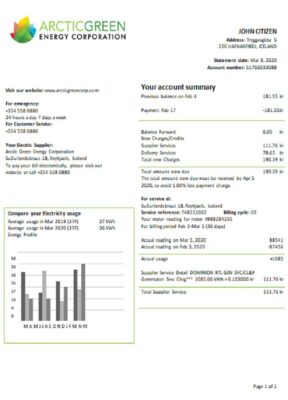 Iceland Arctic Green Energy Corporation electricity utility bill template in Word and PDF