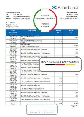 Iceland Arion Bank statement easy to fill template in .xls and .pdf file format