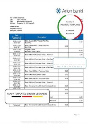 Iceland Arion Banki proof of address bank statement template in Word and PDF format