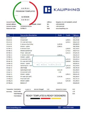 Iceland Kaupthing Bank statement easy to fill template in Excel and PDF format