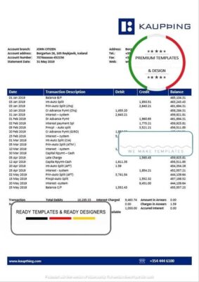 Iceland Kaupthing bank statement template in Word and PDF format