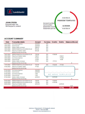 Iceland Landsbanki proof of address bank statement template in Word and PDF format