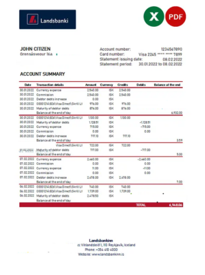 Iceland Landsbankinn bank statement Excel and PDF template