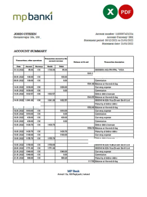 Iceland MP bank statement Excel and PDF template